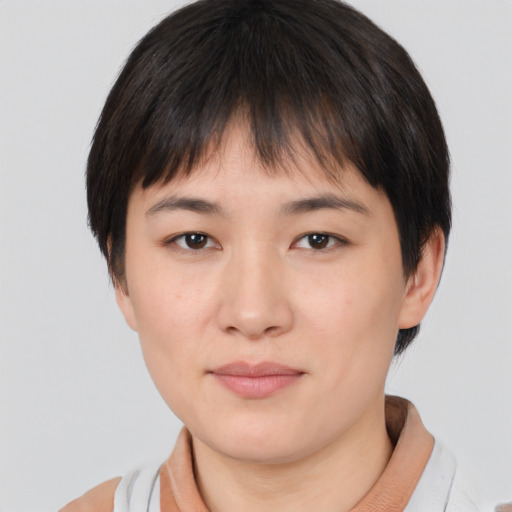 Neutral asian young-adult female with short  brown hair and brown eyes