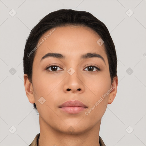 Neutral latino young-adult female with short  black hair and brown eyes