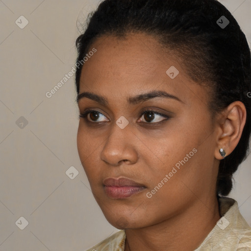 Neutral black young-adult female with short  brown hair and brown eyes