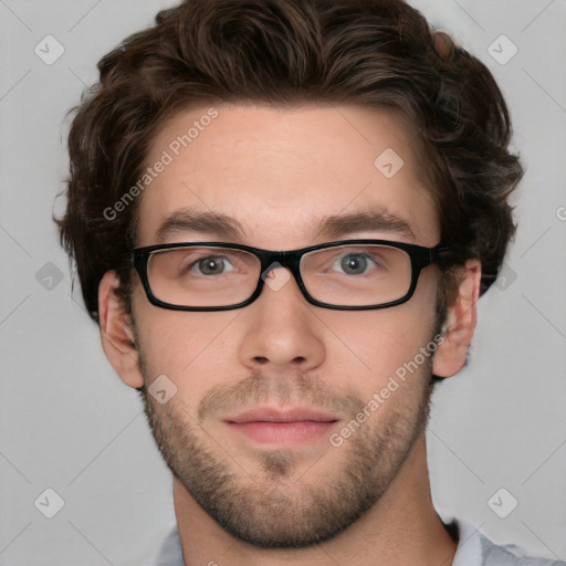 Neutral white young-adult male with short  brown hair and green eyes