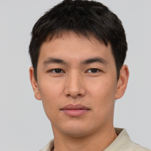 Neutral asian young-adult male with short  brown hair and brown eyes