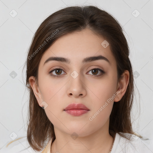 Neutral white young-adult female with medium  brown hair and brown eyes