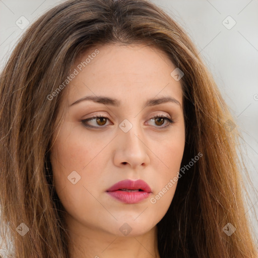 Neutral white young-adult female with long  brown hair and brown eyes