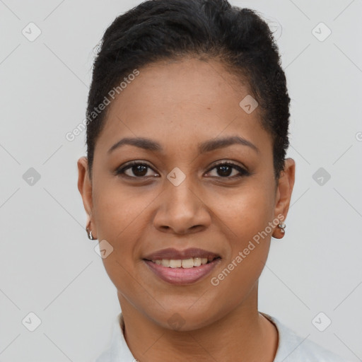 Joyful latino young-adult female with short  brown hair and brown eyes