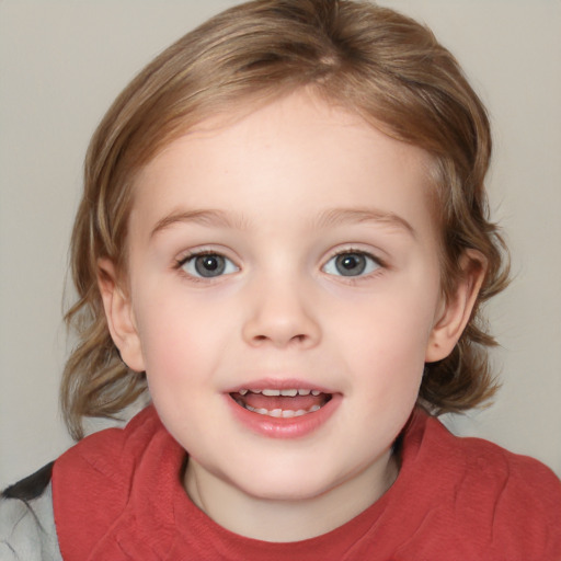 Joyful white child female with medium  brown hair and blue eyes