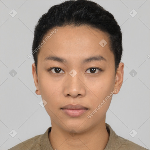 Neutral asian young-adult male with short  black hair and brown eyes