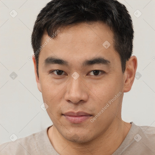 Neutral asian young-adult male with short  brown hair and brown eyes