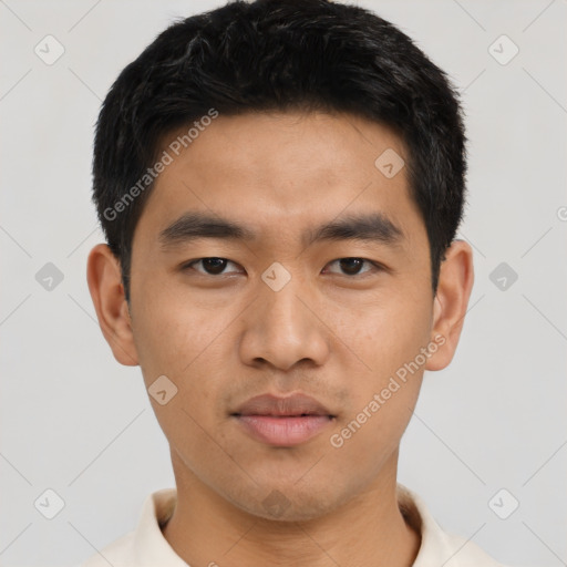 Neutral asian young-adult male with short  black hair and brown eyes