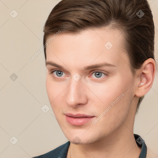 Neutral white young-adult male with short  brown hair and brown eyes