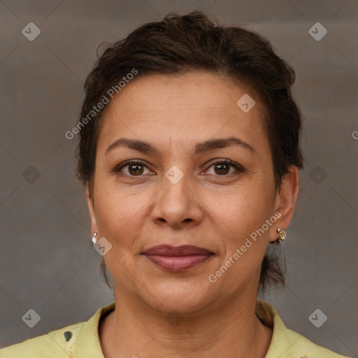 Joyful white adult female with short  brown hair and brown eyes