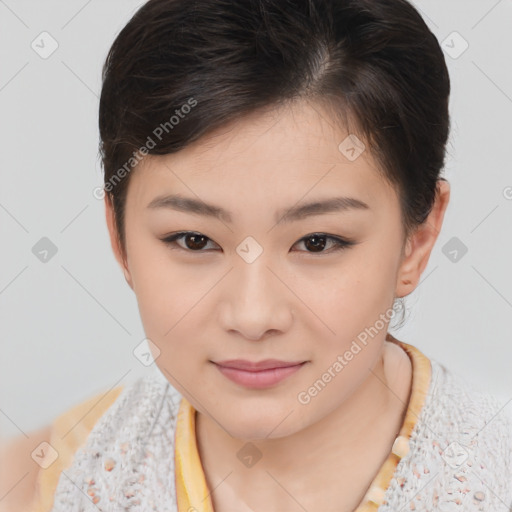 Joyful white child female with short  brown hair and brown eyes