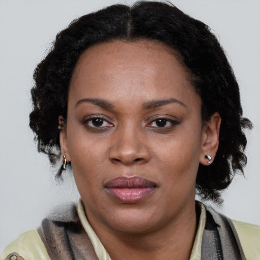 Joyful black adult female with short  brown hair and brown eyes