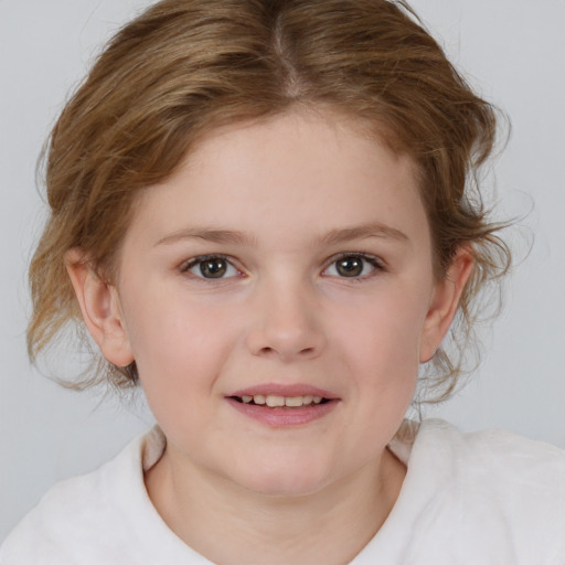 Joyful white child female with medium  brown hair and brown eyes