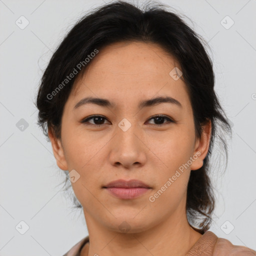 Neutral asian young-adult female with short  brown hair and brown eyes