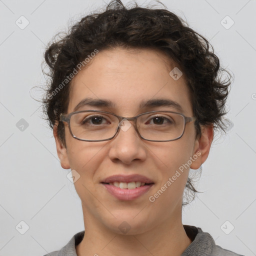 Joyful white adult female with short  brown hair and brown eyes