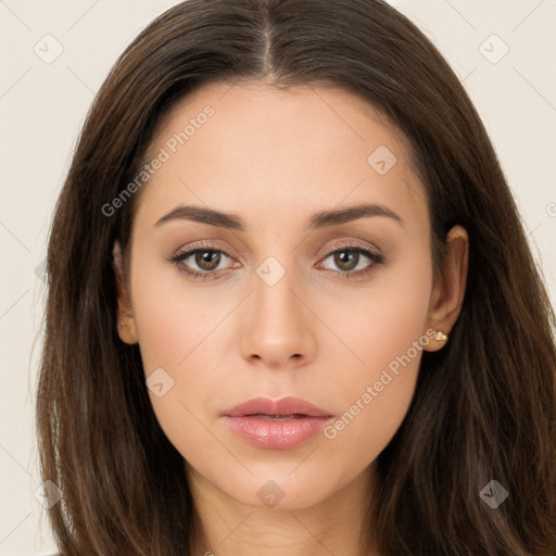 Neutral white young-adult female with long  brown hair and brown eyes