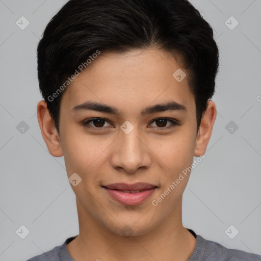 Joyful white young-adult female with short  brown hair and brown eyes
