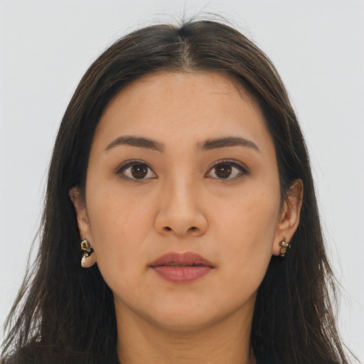 Neutral asian young-adult female with long  brown hair and brown eyes