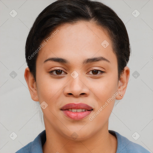 Joyful asian young-adult female with short  brown hair and brown eyes