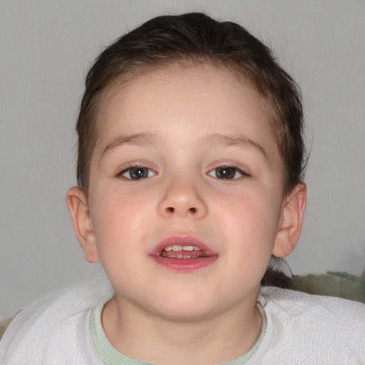 Joyful white child female with medium  brown hair and blue eyes