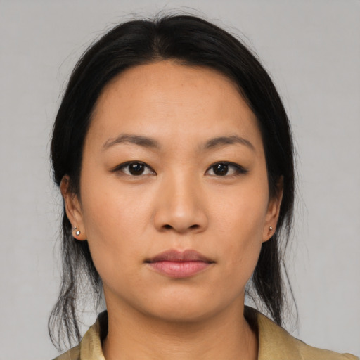 Neutral asian young-adult female with medium  black hair and brown eyes