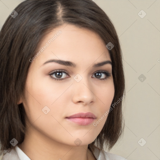 Neutral white young-adult female with medium  brown hair and brown eyes