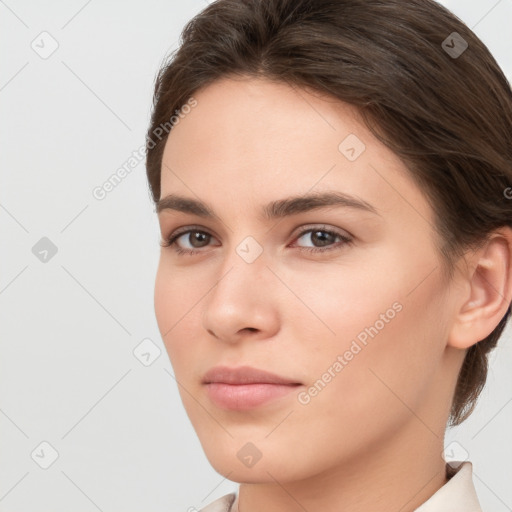 Neutral white young-adult female with short  brown hair and brown eyes