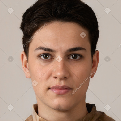 Neutral white young-adult female with short  brown hair and brown eyes