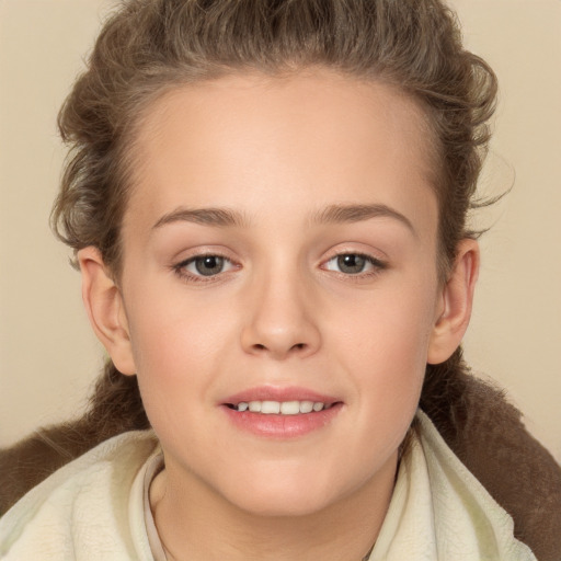 Joyful white child female with medium  brown hair and brown eyes