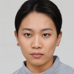 Neutral asian young-adult female with short  black hair and brown eyes