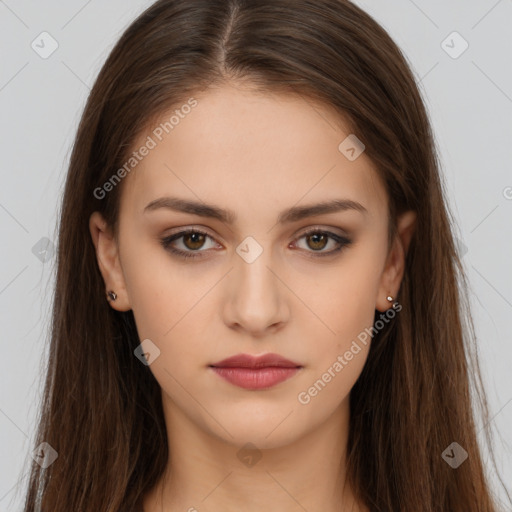 Neutral white young-adult female with long  brown hair and brown eyes