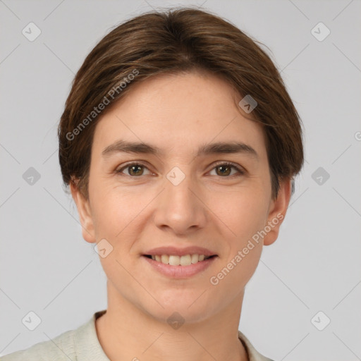 Joyful white young-adult female with short  brown hair and brown eyes