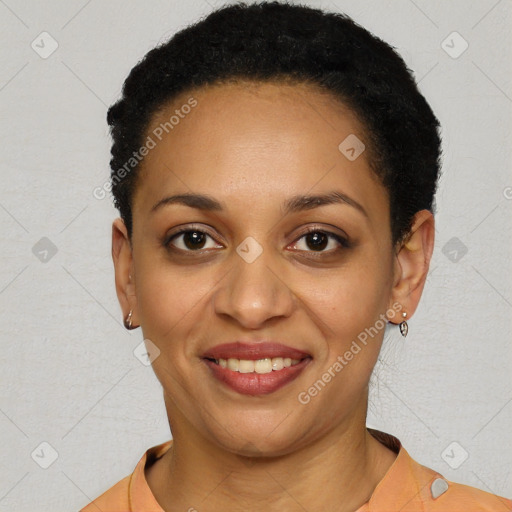 Joyful latino young-adult female with short  black hair and brown eyes