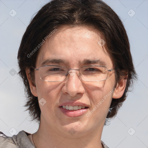 Joyful white adult female with medium  brown hair and brown eyes