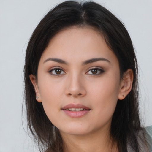 Neutral asian young-adult female with long  brown hair and brown eyes