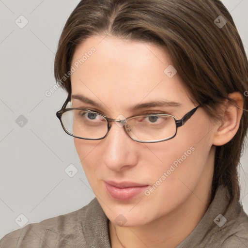 Neutral white young-adult female with medium  brown hair and brown eyes