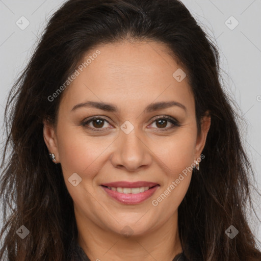 Joyful white adult female with long  brown hair and brown eyes