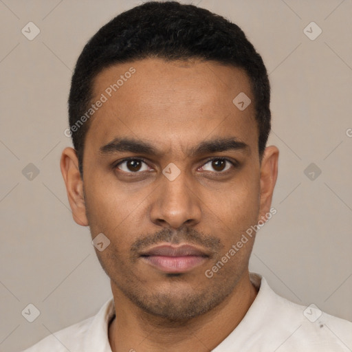 Neutral latino young-adult male with short  black hair and brown eyes