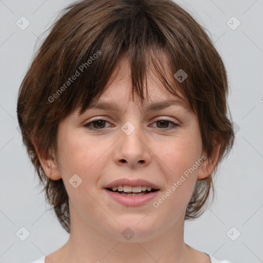 Joyful white young-adult female with medium  brown hair and brown eyes