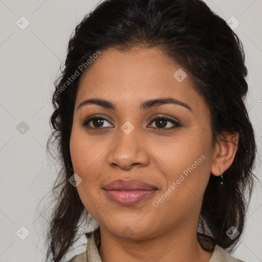 Joyful latino young-adult female with medium  brown hair and brown eyes