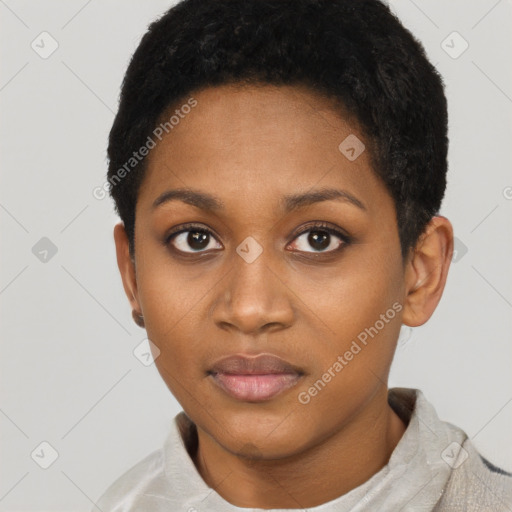 Neutral black young-adult female with short  black hair and brown eyes