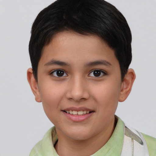 Joyful asian child female with short  brown hair and brown eyes