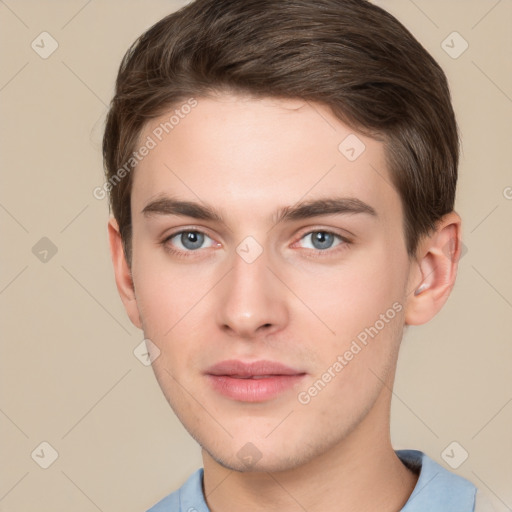 Neutral white young-adult male with short  brown hair and brown eyes