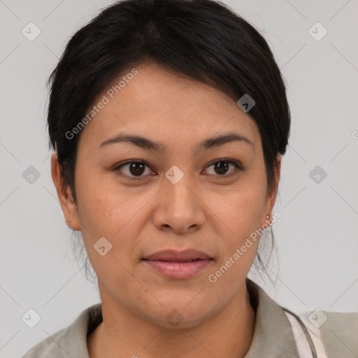 Joyful latino young-adult female with medium  brown hair and brown eyes