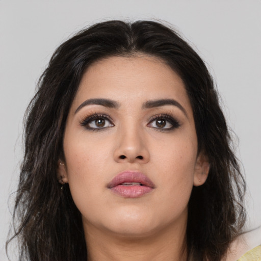 Neutral asian young-adult female with long  brown hair and brown eyes