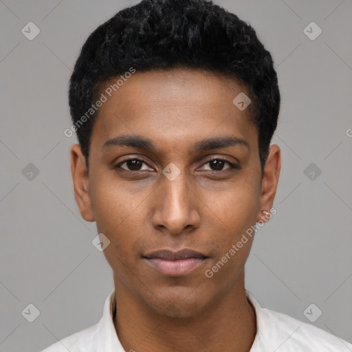 Neutral black young-adult male with short  black hair and brown eyes