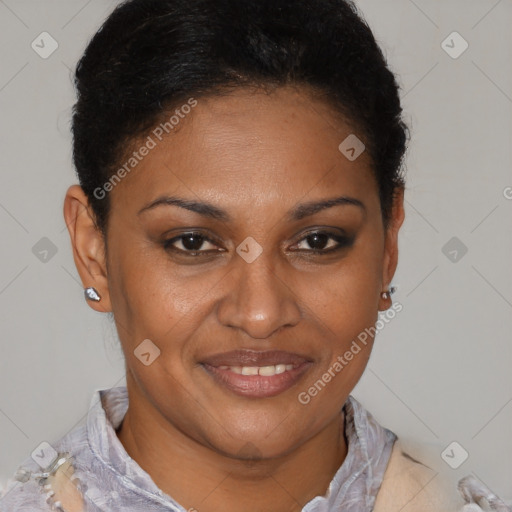 Joyful latino young-adult female with short  brown hair and brown eyes