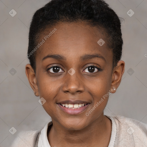 Joyful black child female with short  brown hair and brown eyes