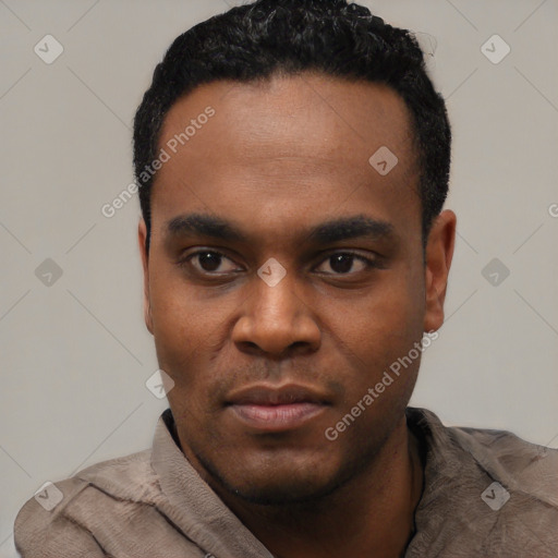Neutral latino young-adult male with short  black hair and brown eyes