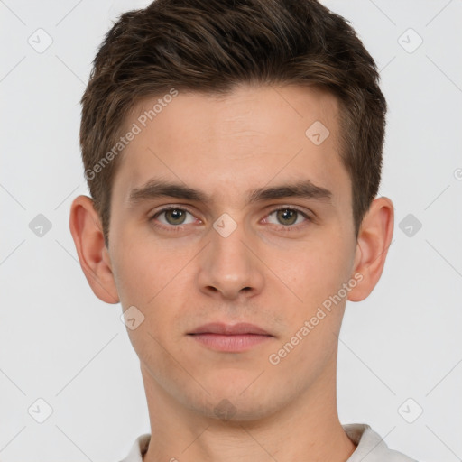 Neutral white young-adult male with short  brown hair and brown eyes